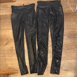 Spanx Black Faux Leather and Sequin Leggings pants